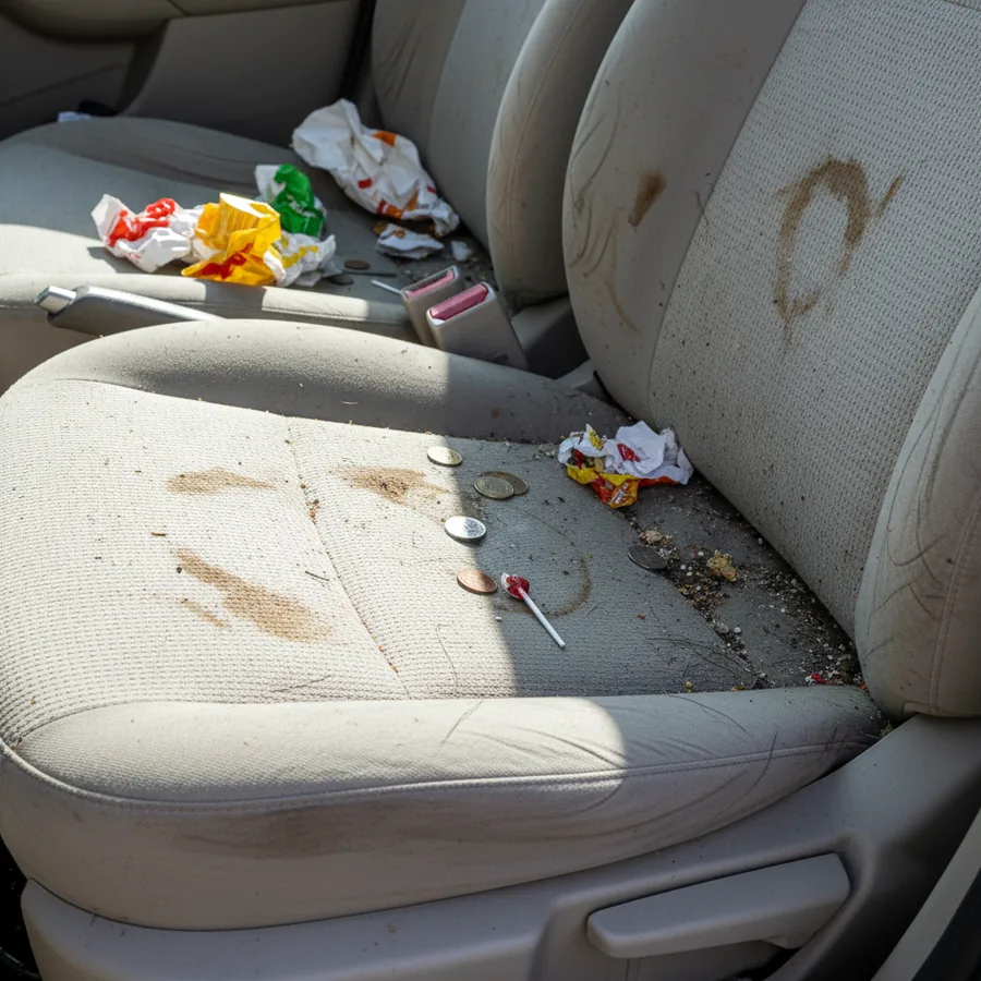 Stained and soiled car seat before deep cleaning