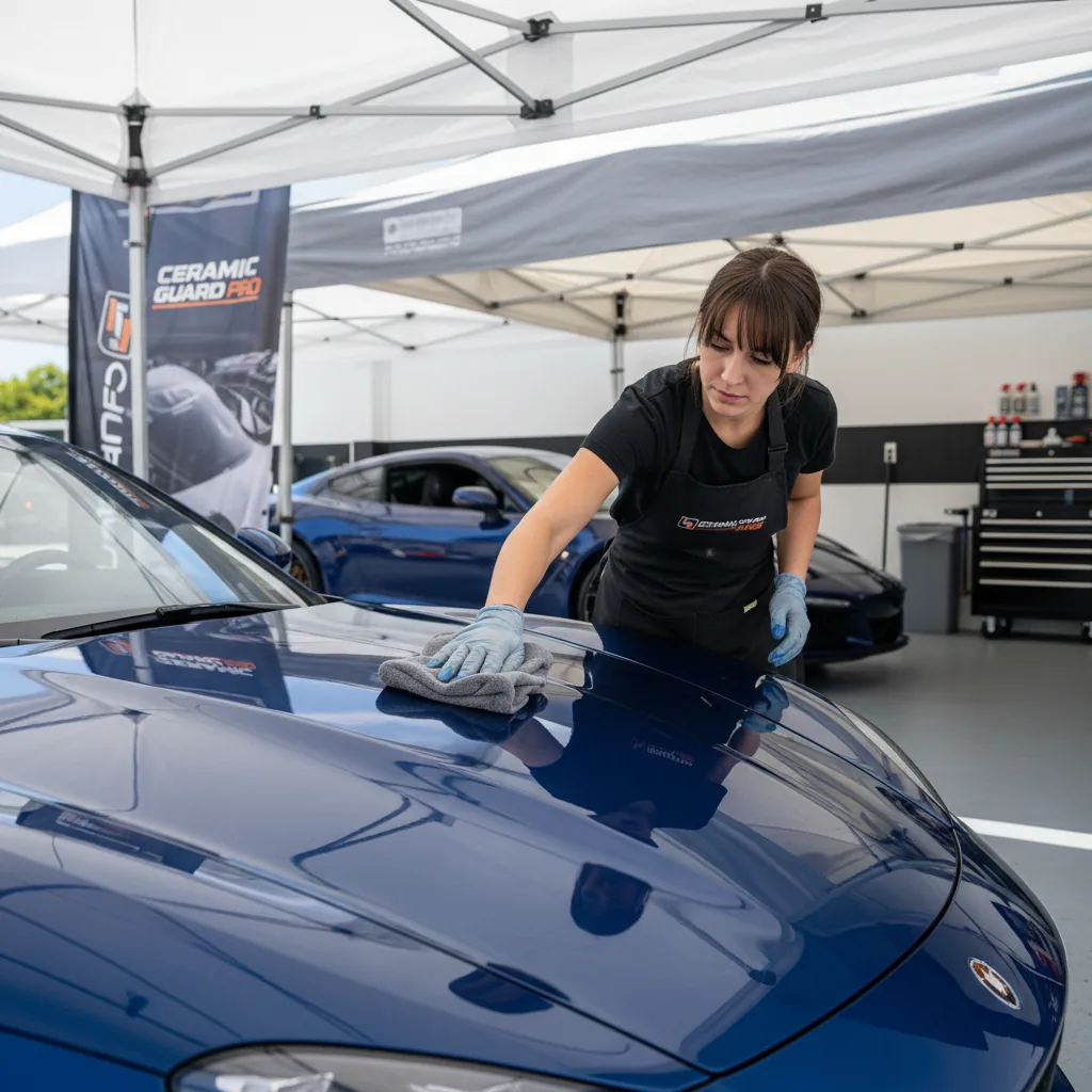 Detailer applying ceramic coating on a sedan's hood in a Hollywood driveway