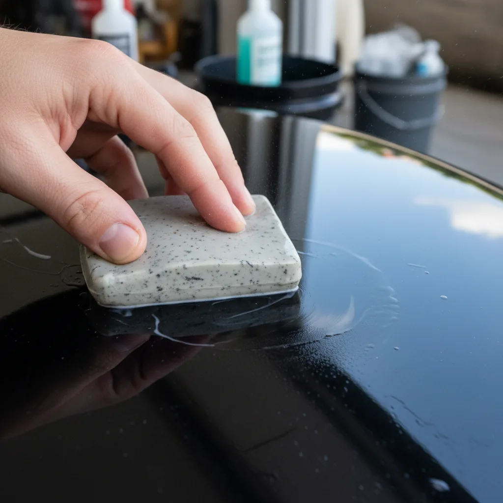 Clay bar gliding across a car's paint panel during decontamination