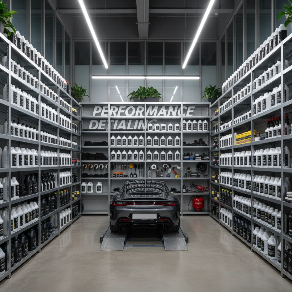 Organized professional detailing products on shop shelves