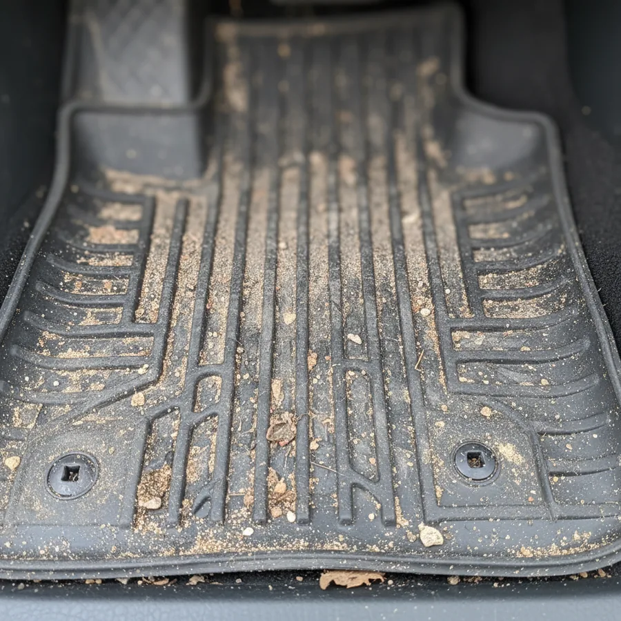 Heavily soiled car floor mat before extraction