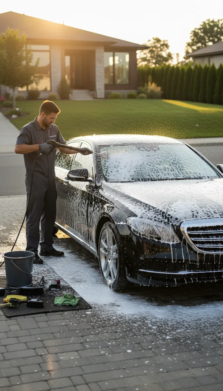 Smoking Details detailer hand washing a car in a Davie driveway