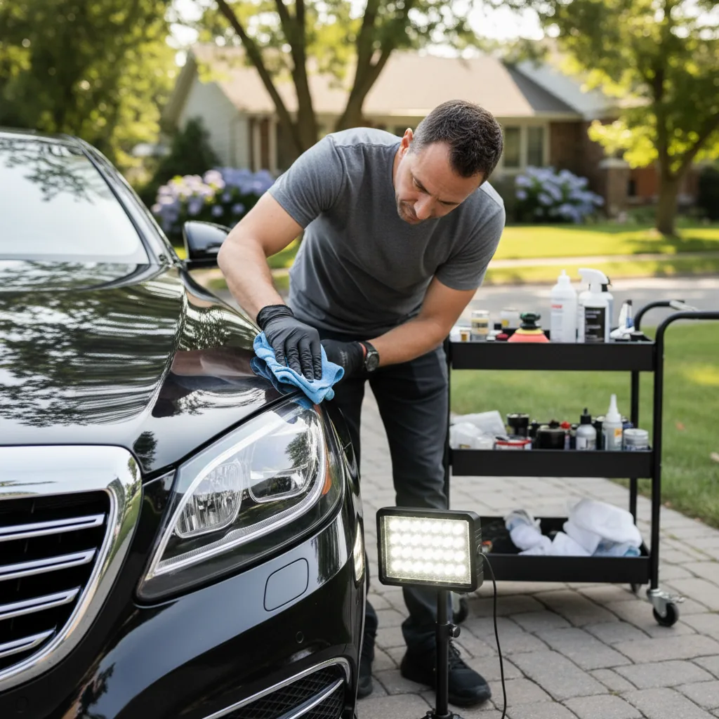 Close-up of a hand polishing a car headlight during mobile detailing