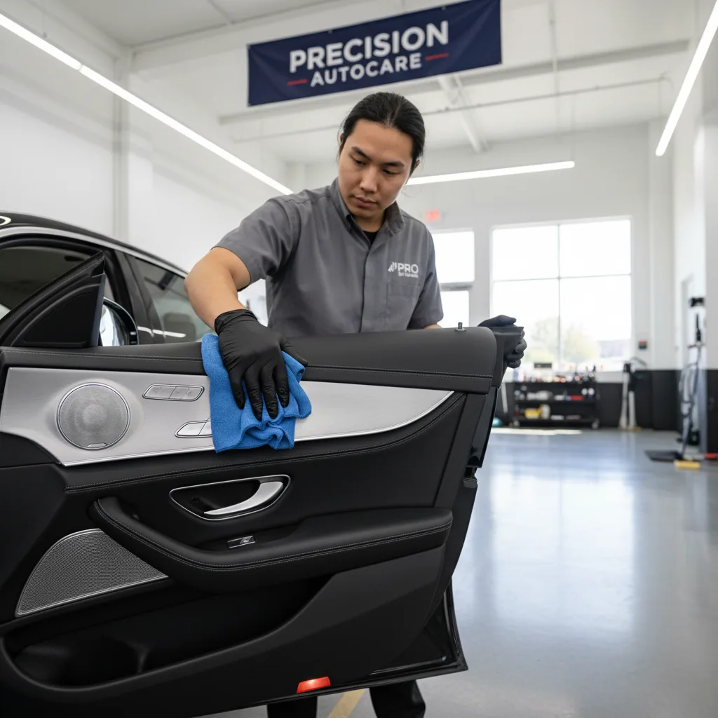 Detailer wiping a panel with a microfiber cloth