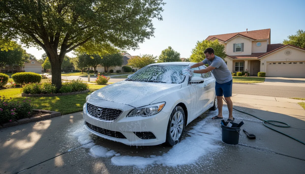 Mobile auto detailer washing a white sedan in a Davie driveway