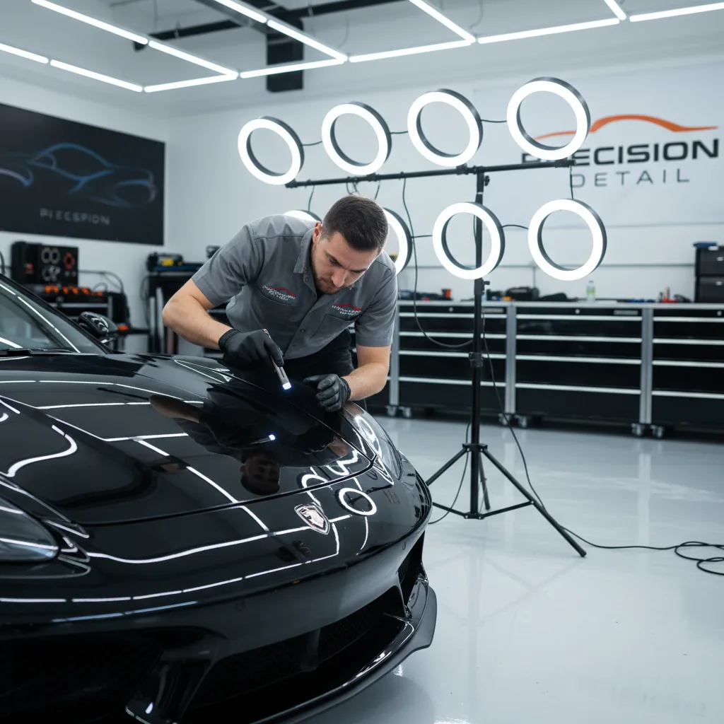 Detailer inspecting a car's paint in a well-lit shop