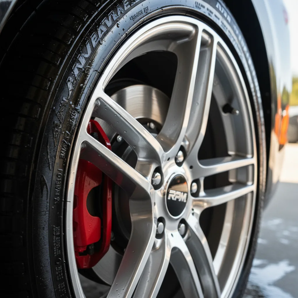 Close-up of tire shine on a cleaned wheel after detailing